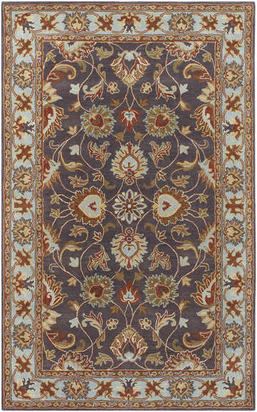 Detailed floral pattern on the Cherryfield 1004 wool rug. Beige, burnt orange, charcoal, and blue hues. Design-Rectangle-58