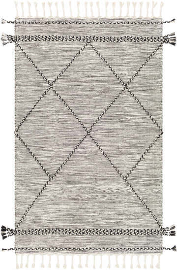 Neal Black/Cream Trellis Cotton Rug, hand woven with black diamond pattern and tassels, farmhouse style. Design-Rectangle-576
