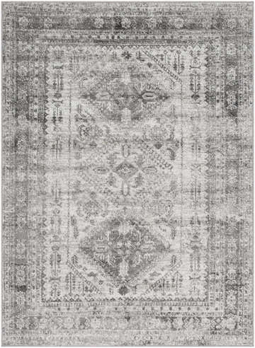 Close-up of the Nelsonville Area Rug. Machine-woven polypropylene rug in charcoal, gray, and white with a traditional oriental pattern. Design-Rectangle-5373