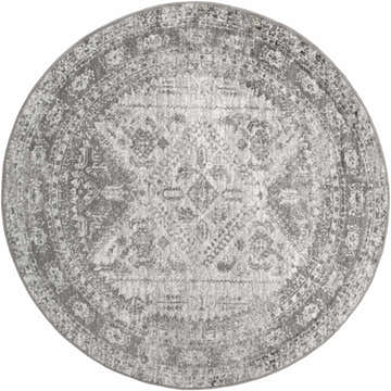 Close-up of round Nelsonville Area Rug; charcoal, gray, and white vintage-style oriental pattern. Design-Round-53