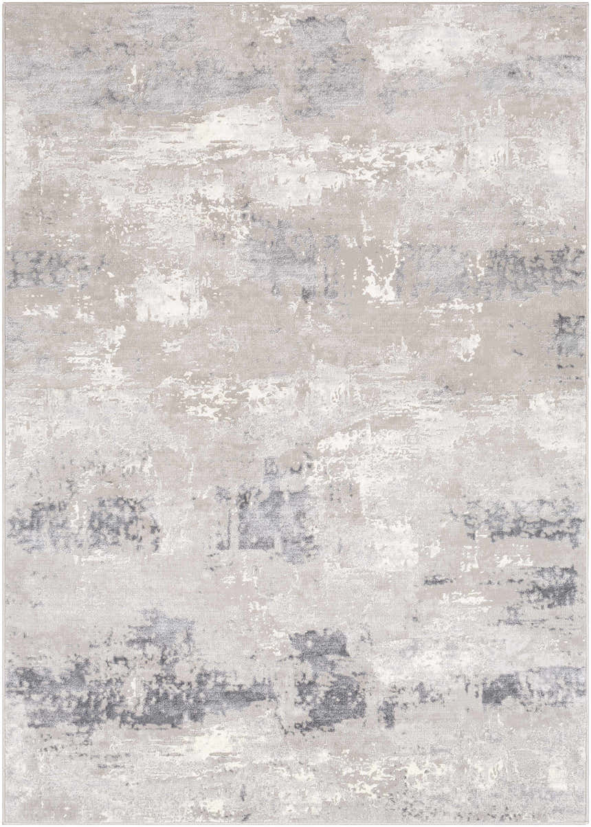 Close-up of the Neponsit Area Rug. Contemporary design in charcoal, gray, ivory, and light gray. Abstract pattern and machine woven texture. Design-Rectangle-5373