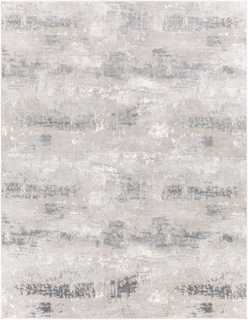 Close-up of the Neponsit Area Rug, a contemporary rug in charcoal, gray, ivory, and light gray with an abstract pattern. Design-Rectangle-710102