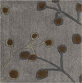 Close-up of the Sage Brown Elsu Area Rug showing the floral design, brown accents, and soft, textured wool. Swatch