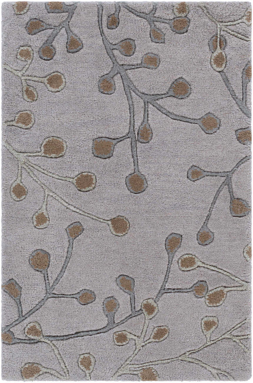 Close-up of the Sage Brown Elsu Area Rug showing its floral design, wool texture, and shades of gray, sage, and brown. Design-Rectangle-23