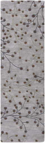 Close-up of the Sage Brown Elsu Area Rug showing a floral design with brown buds and sage stems on a gray background. Design-Runner-268