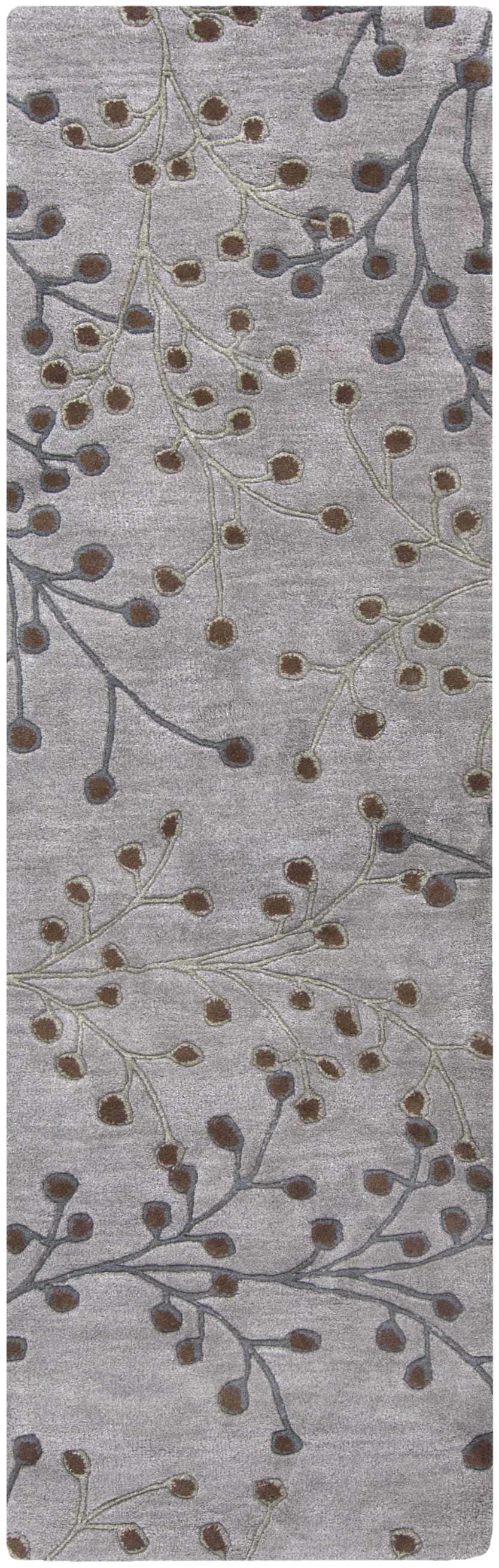 Close-up of the Sage Brown Elsu Area Rug showing a floral design with brown buds and sage stems on a gray background. Design-Runner-268