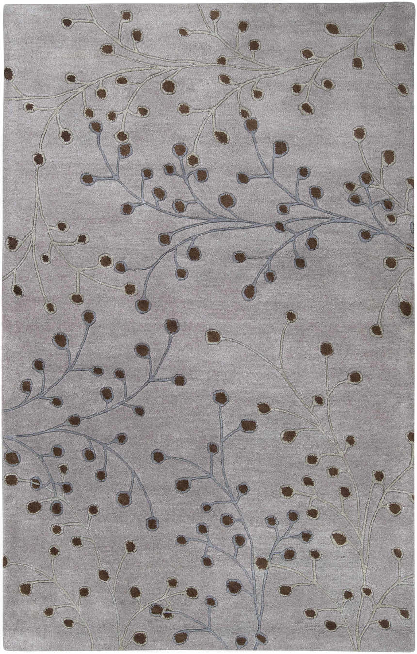 Close-up of the Sage Brown Elsu Area Rug. Features a floral pattern with brown buds on sage and gray branches. Wool, hand-tufted. Design-Rectangle-58