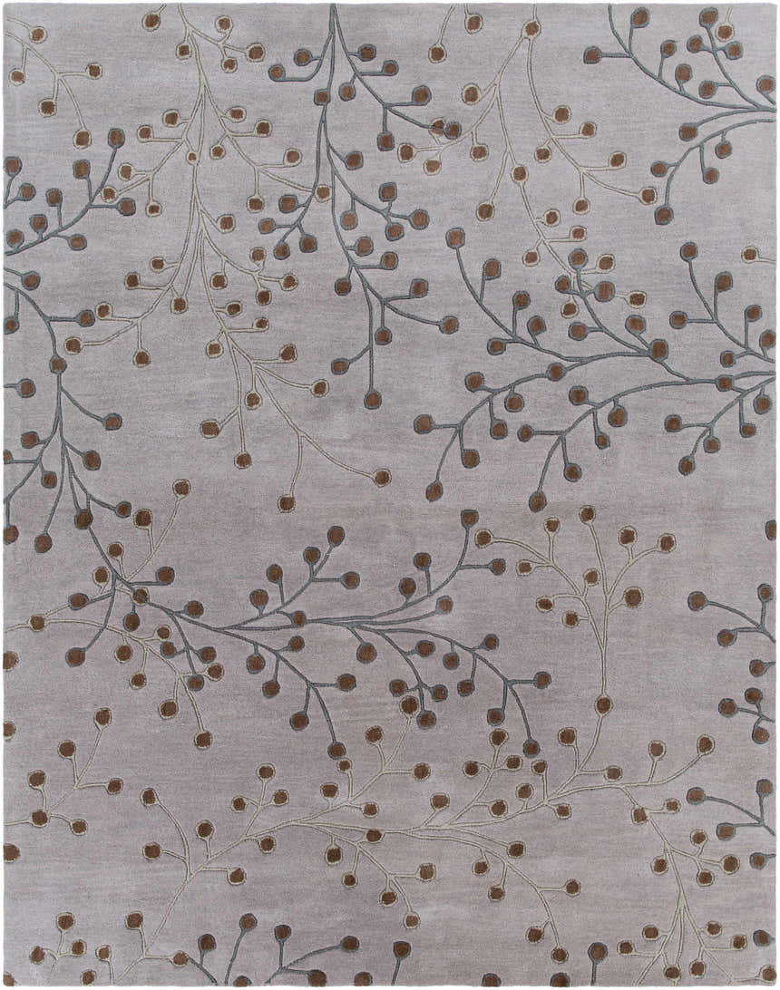 Close-up of Sage Brown Elsu Area Rug. Wool rug with a gray background and brown and sage floral branch pattern. Design-Rectangle-7696