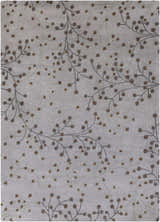 Close-up of the Sage Brown Elsu Area Rug. Wool rug with a botanical pattern in brown, sage, and gray on a neutral background. Design-Rectangle-811