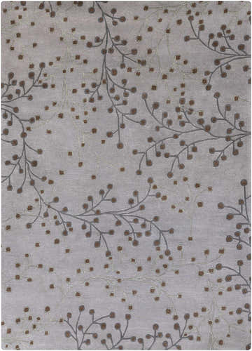 Close-up of the Sage Brown Elsu Area Rug. Wool rug with a botanical pattern in brown, sage, and gray on a neutral background. Design-Rectangle-811
