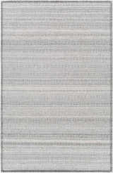 Close-up of the Nettleham Silver Viscose Rug. Hand-woven rectangle rug with charcoal, gray, and silver stripes. Farmhouse style. Design-Rectangle-576