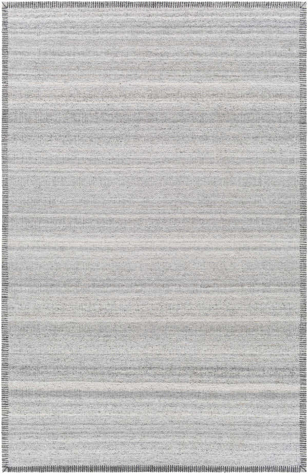 Close-up of the Nettleham Silver Viscose Rug. Hand-woven rectangle rug with charcoal, gray, and silver stripes. Farmhouse style. Design-Rectangle-576
