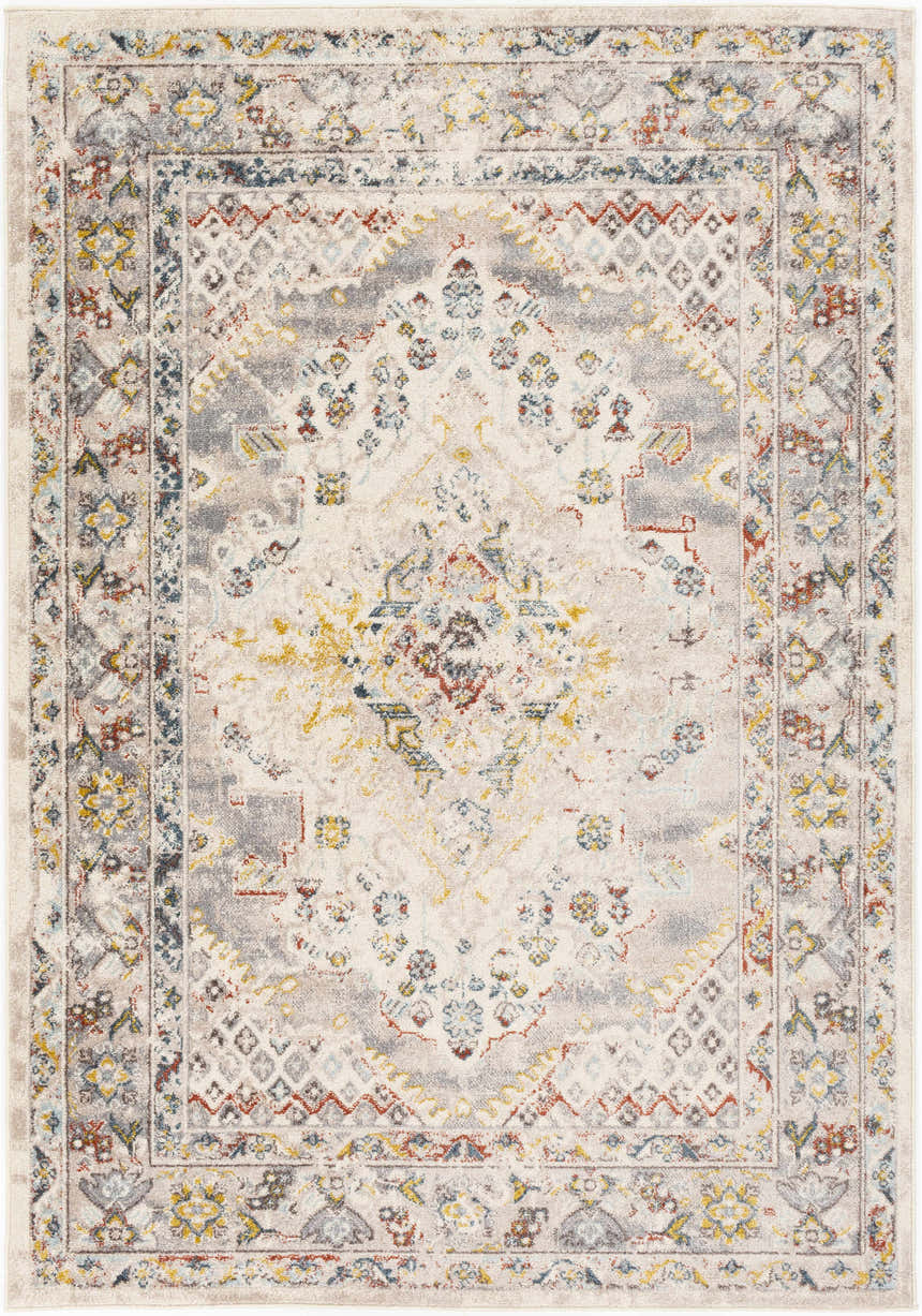Close-up of the Newkirk Area Rug. Bohemian style rug in cream, gray, brick red, mustard, and blue with a traditional oriental pattern. Design-Rectangle-5373