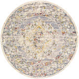 Close-up of the round Newkirk Area Rug. Features a traditional design in cream, gray, brick red, dark blue, and mustard. Design-Round-53
