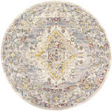 Close-up of round Newkirk Area Rug. Bohemian style with brick red, charcoal, cream, and mustard floral pattern. Design-Round-67