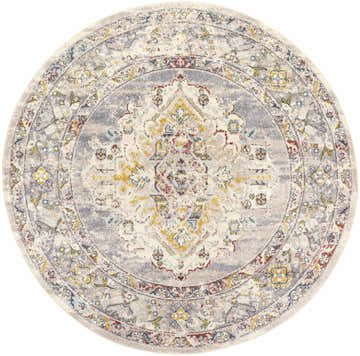 Close-up of round Newkirk Area Rug. Bohemian style with brick red, charcoal, cream, and mustard floral pattern. Design-Round-67