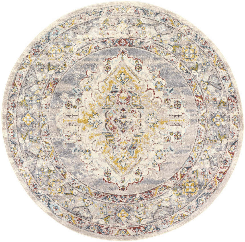 Close-up of round Newkirk Area Rug. Bohemian style with brick red, charcoal, cream, and mustard floral pattern. Design-Round-67