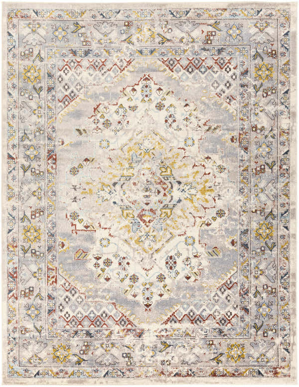 Detailed view of the Newkirk area rug, featuring a traditional oriental pattern in brick red, charcoal, cream, and mustard. Design-Rectangle-710103