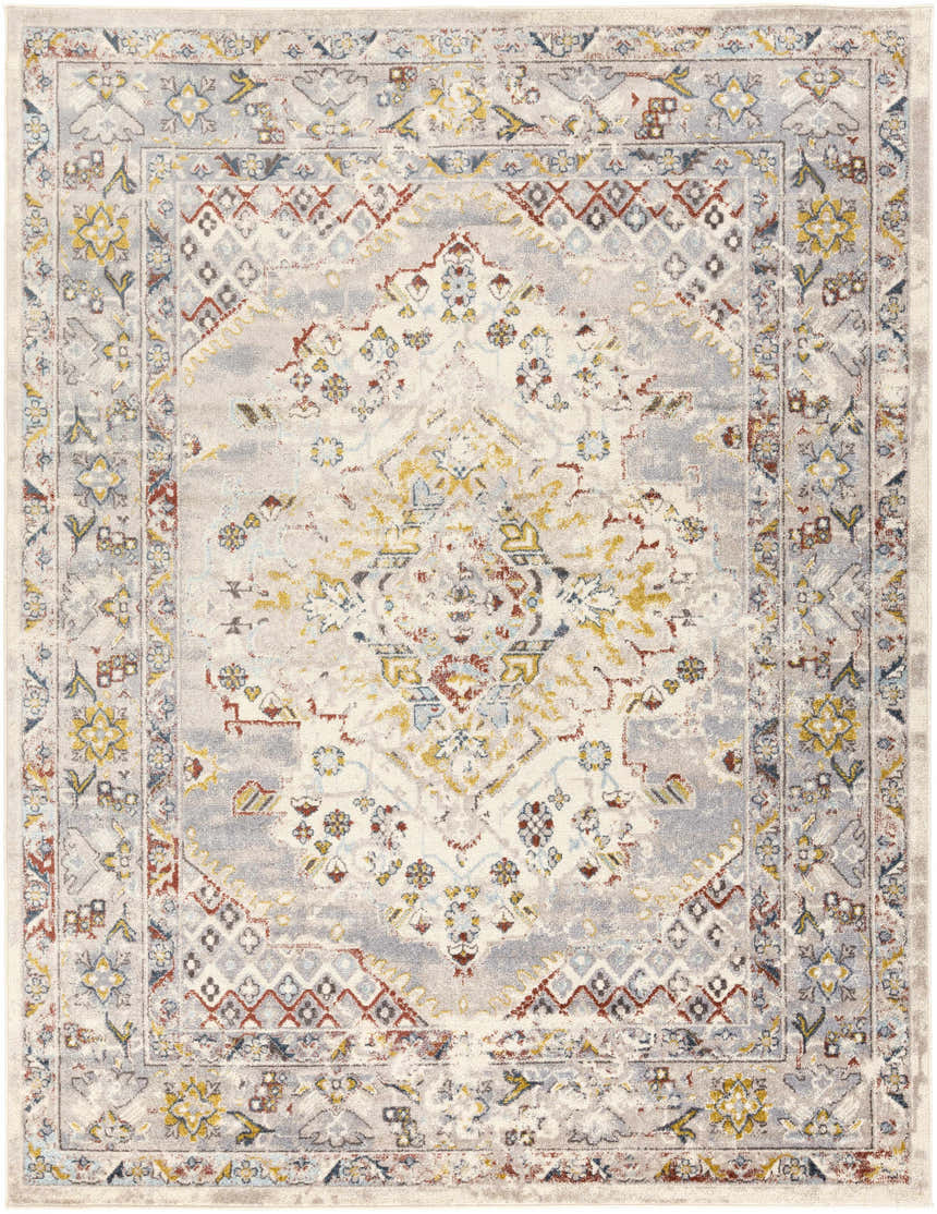 Detailed view of the Newkirk area rug, featuring a traditional oriental pattern in brick red, charcoal, cream, and mustard. Design-Rectangle-710103