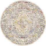 Close-up of round Newkirk Area Rug. Bohemian style rug in brick red, charcoal, cream, dark blue, gray, ice blue, and mustard. Design-Round-710