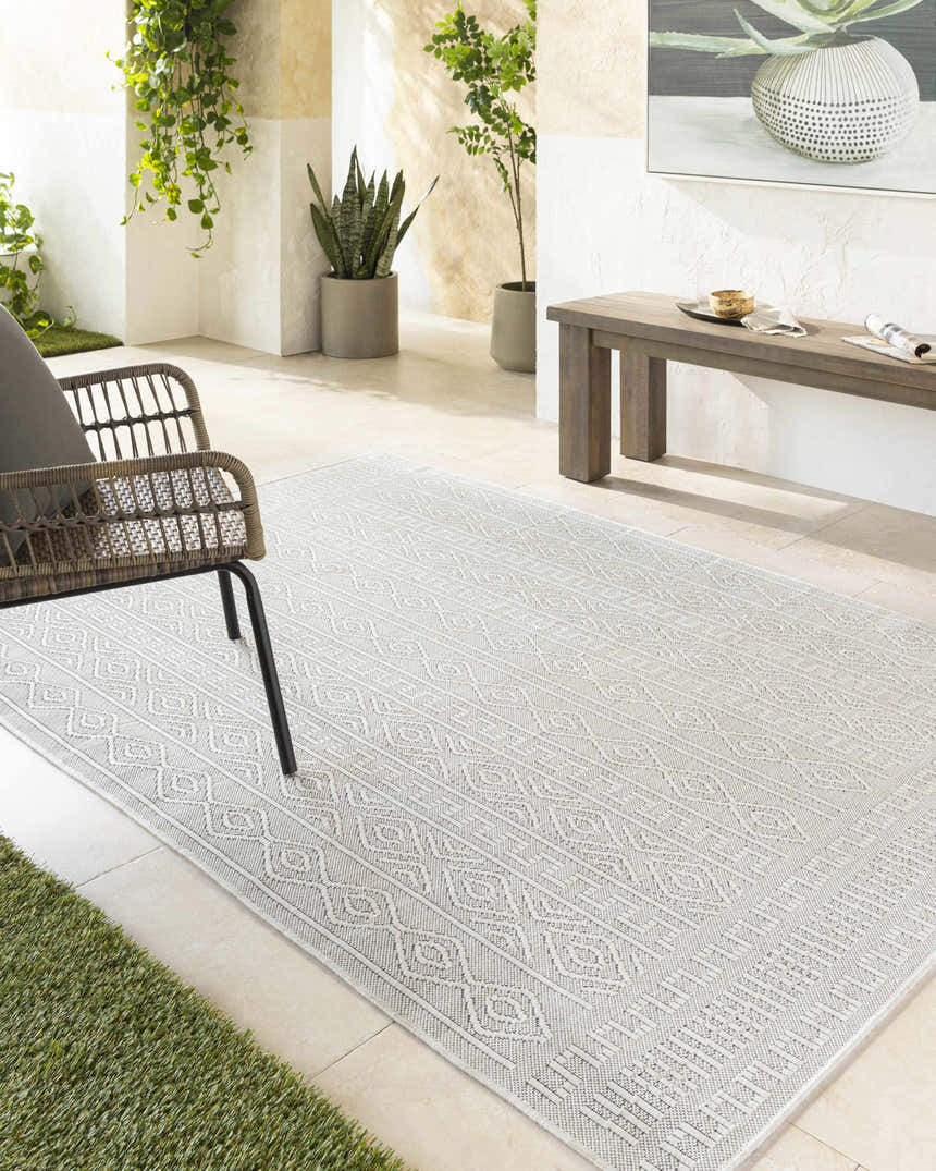Styled patio with Nuela Light Gray Area Rug, woven chair, wood bench, and potted plants. Farmhouse style. Roomscene-Rectangle