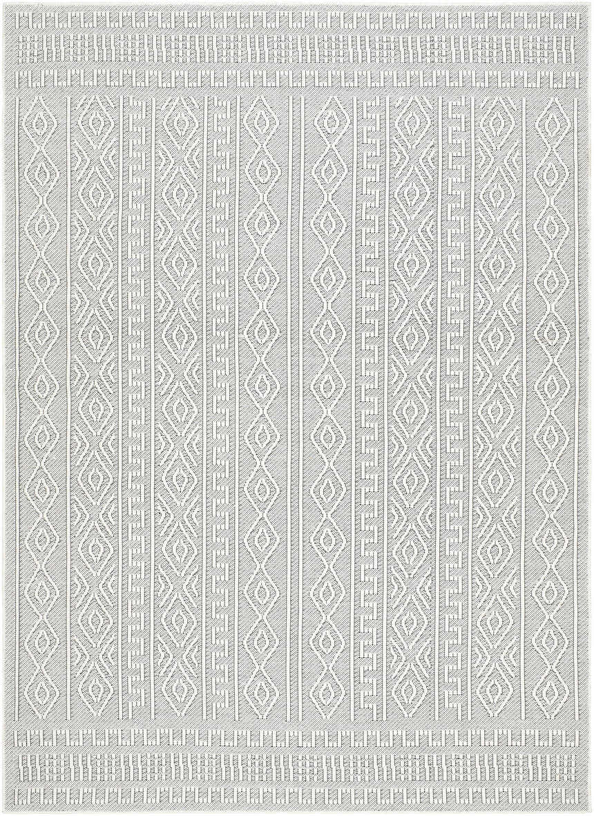 Close-up of the Nuela Light Gray Area Rug showing a geometric diamond and linear pattern. Farmhouse style. Design-Rectangle-537