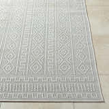 Close-up of the Nuela Light Gray Area Rug showing diamond and geometric patterns, and woven texture. Front