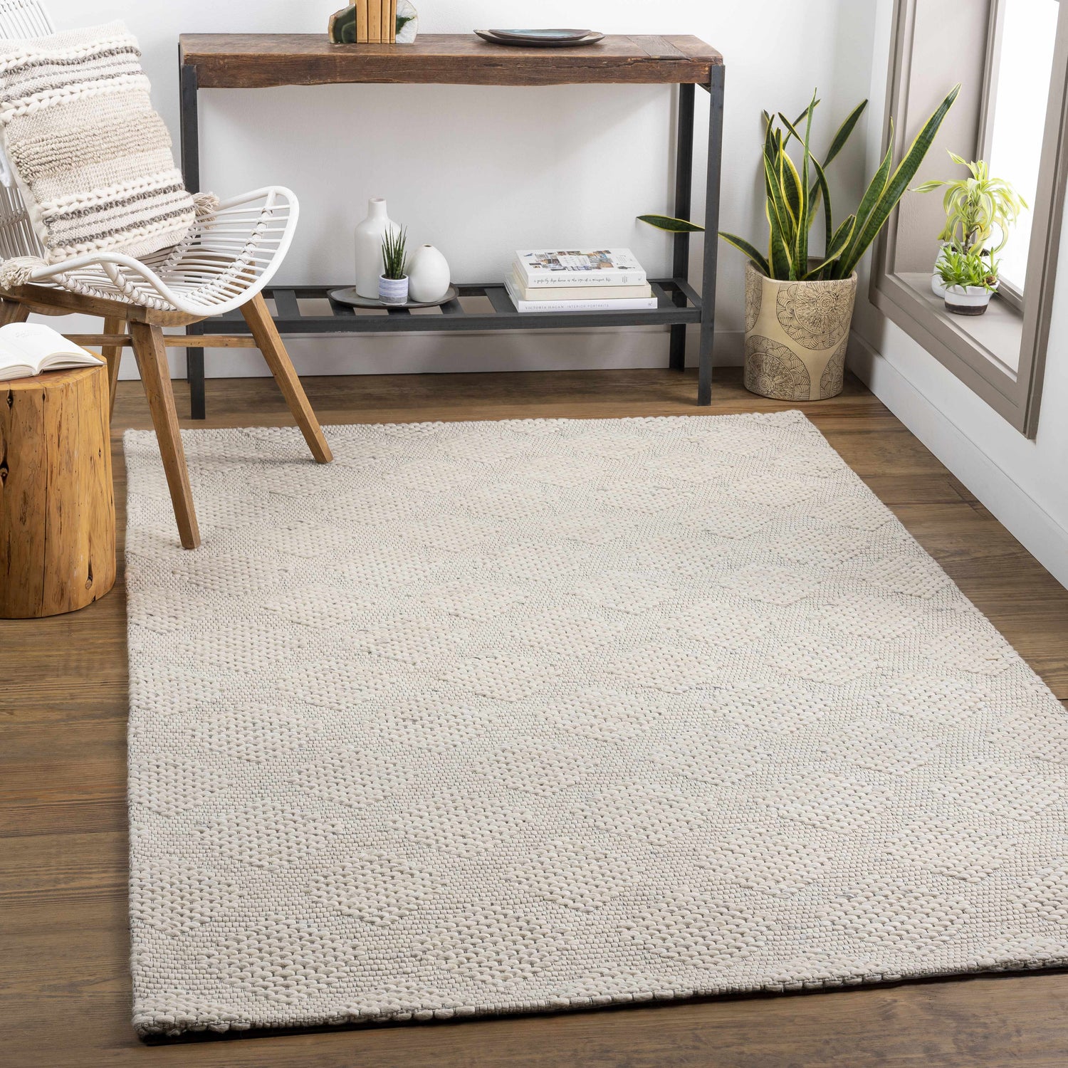 Scandinavian living room with ivory Ingram Area Rug, wood floors, console table, chair, and plants. Roomscene-Rectangle