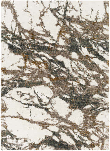 Close-up of Ngunnawal Cream/Brown Marble Plush Rug. Cream base with dark brown, gray, and mustard marble pattern. Soft texture. Design-Rectangle-537