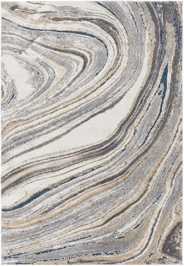 Close-up of the Nillumbik Gray Marble Design Rug. Features charcoal, dark blue, gray, ivory, and beige swirling pattern. Design-Rectangle-5373