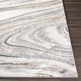 Close-up of the Nillumbik Gray Marble Design Rug showing its charcoal, gray, ivory, and beige swirling pattern. Front