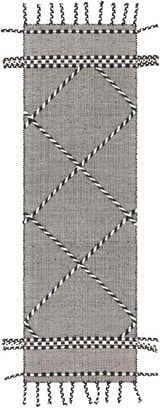 Close-up of the hand woven Ninderry Wool Area Rug; black and cream rug with a geometric pattern and braided fringe. Design-Runner-268
