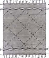Close-up of Ninderry Wool Area Rug. Black and cream rug with diamond pattern and decorative tassels. Bohemian style. Design-Rectangle-810