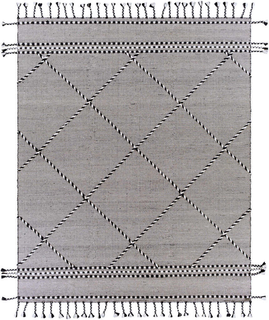 Close-up of Ninderry Wool Area Rug. Black and cream rug with diamond pattern and decorative tassels. Bohemian style. Design-Rectangle-810