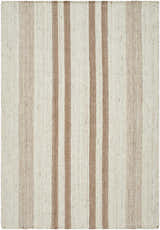 Close-up of the Nibaw Area Rug. Hand-woven wool rug with ash, light silver, sage, and tan vertical stripes. Design-Rectangle-537