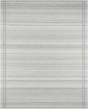 Close-up of the hand-woven Nimue Gray Area Rug. Features gray and ivory stripes and a gray border. 100% Wool. Design-Rectangle-810