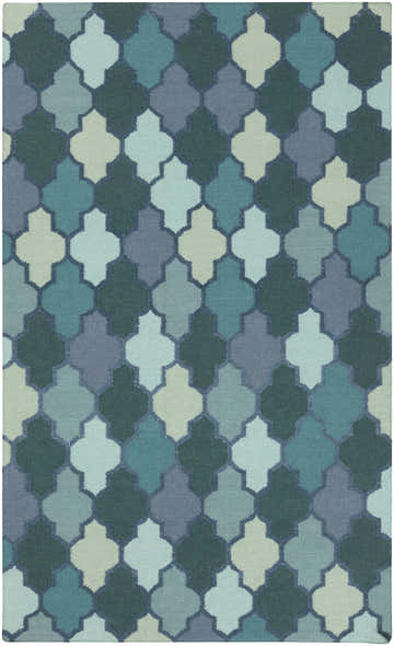 Close-up of the Node Area Carpet. Hand-woven wool rug with a contemporary quatrefoil pattern in dark blue, emerald, sage, and seafoam. Design-Rectangle