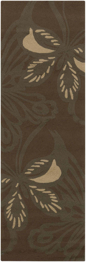 Close-up of the Nordstro 5x8 Area Rug. Hand-hooked rug with a brown floral design and beige accents. Contemporary style. Design-Runner