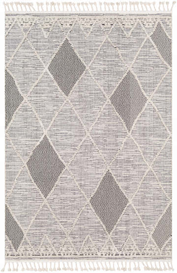 Close-up of the Norvelt rug. Black, gray, and ivory diamond pattern with tassels. Bohemian style rug. Design-Rectangle-5373