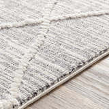 Close-up of the Norvelt rug. Gray and ivory woven rug with a geometric pattern and tassel accents. Texture