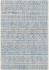 Close-up of Novato All Over Pattern Performance Rug. Blue, ink blue, and taupe geometric design. Machine woven texture. Design-Rectangle-23