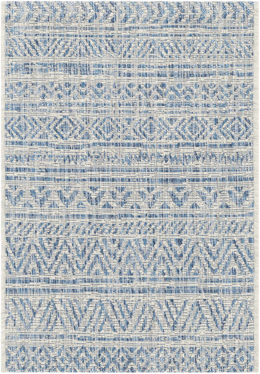 Close-up of Novato All Over Pattern Performance Rug. Blue, ink blue, and taupe geometric design. Machine woven texture. Design-Rectangle-23