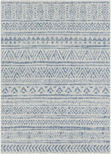 Close-up of the Novato All Over Pattern Performance Rug. Blue, ink blue, and light blue geometric design. Design-Rectangle-5376