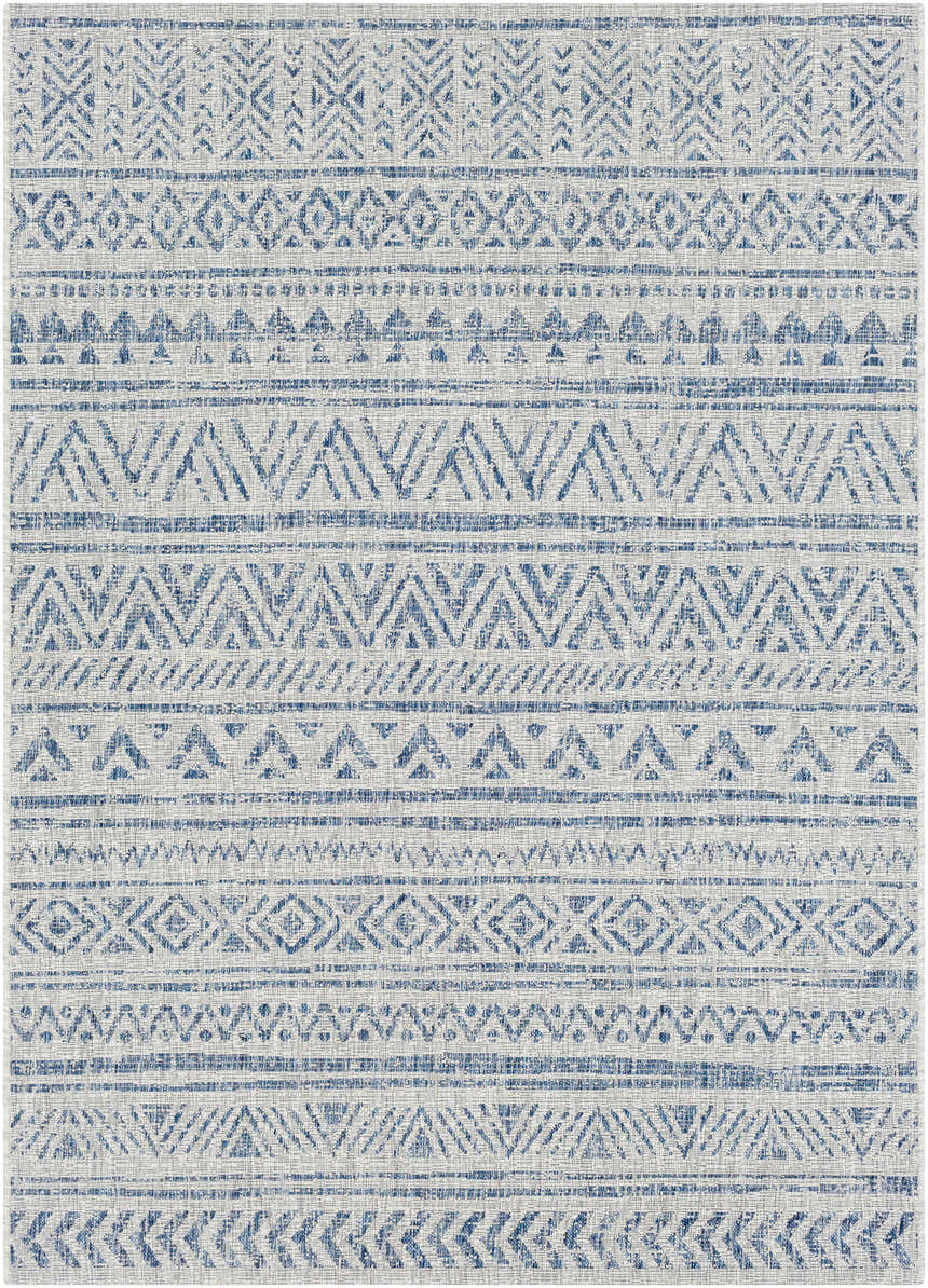 Close-up of the Novato All Over Pattern Performance Rug. Blue, ink blue, and light blue geometric design. Design-Rectangle-5376