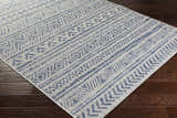 Close-up of the Novato All Over Pattern Performance Rug. Blue geometric design on a light background. Machine woven texture. Corner