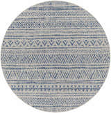 Close-up of round Novato All Over Pattern Performance Rug. Blue geometric design on a light neutral background. Design-Round-67