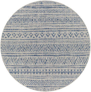 Close-up of round Novato All Over Pattern Performance Rug. Blue geometric design on a light neutral background. Design-Round-67