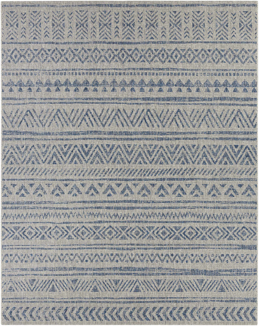Close-up of the Novato All Over Pattern Performance Rug. Features blue geometric designs on a textured, light gray background. Design-Rectangle-710103