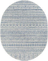 Close-up of the round Novato All Over Pattern Performance Rug. Features a blue geometric design on a light background. Design-Oval-71010