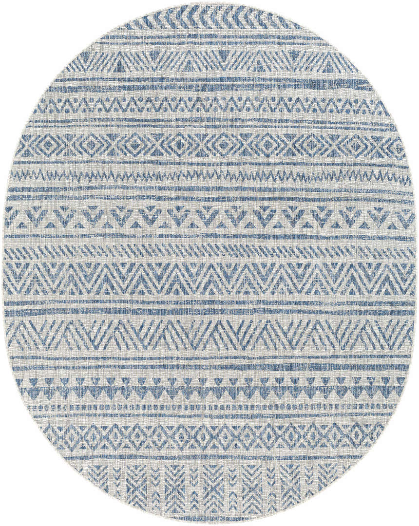 Close-up of the round Novato All Over Pattern Performance Rug. Features a blue geometric design on a light background. Design-Oval-71010
